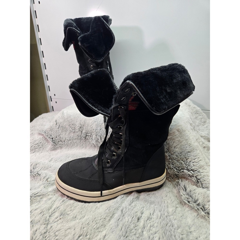 Womens Black Lace Up Duck Boots Waterproof Fold Down Faux Fur Trim Winter